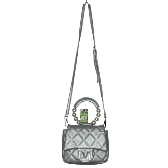 Badgley Mischka Mini Faux Pearl Handle Purse Crossbody Strap Metallic Grey Bag - Picture 3 of 6